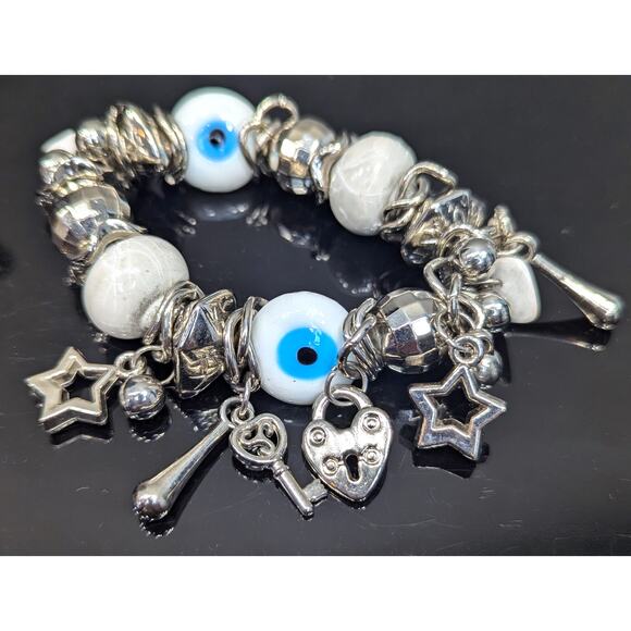 Evil Eye Stretch Bracelet, Silver-tone, Lock/Key/Star Charms, Glass Eyes - Picture 2 of 4